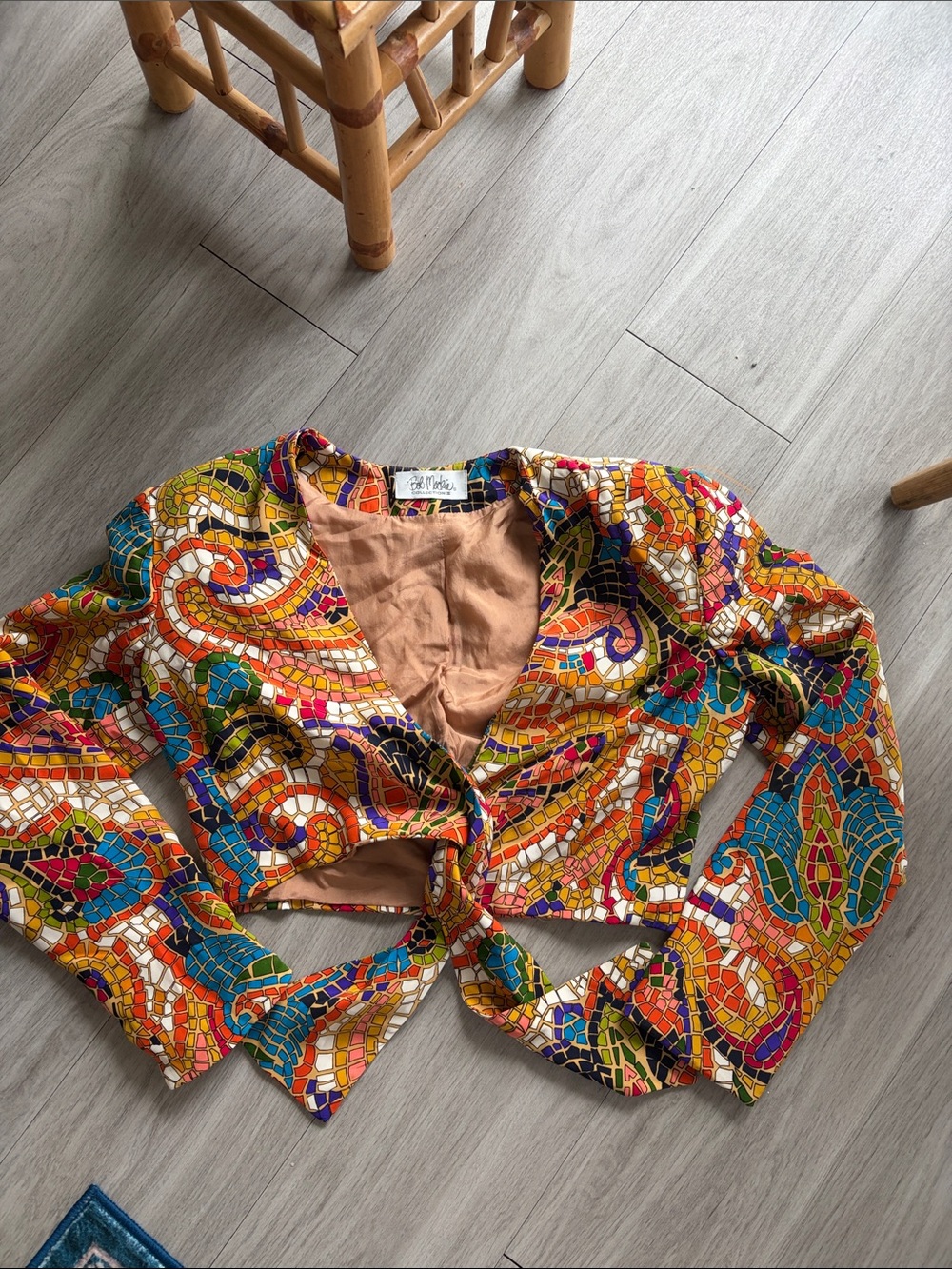 Bob Mackie Multicolor Mosaic Trim Silk Top in Peach Bibtage crop tie at waist
